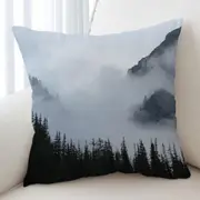 Foggy Mountain and Pine Trees Cushion Cover