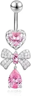 [Niaspi] 14G 316L Surgical Steel Belly Piercing Jewelry Cute Pink CZ Crystal Bowknot Heart Teardrop Dangle Belly Rings Curved Navel Piercing Studs Barbell Dangling Body Piercing Jewelry
