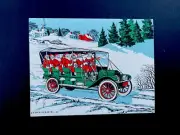 VTG Unused Xmas Greeting Card Old Model T Truck Full Of Santa’s Heading To Town