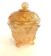 Jeannette Glass Co Amberina Grape Clusters Leaves Footed Candy Dish with Lid
