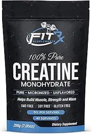 FITRxSupplements.com Pure Creatine Monohydrate Powder - Zero Added Ingredients - No Calories, 5g per Serving, Unflavored 40 Servings, 200g, Quick Dissolve