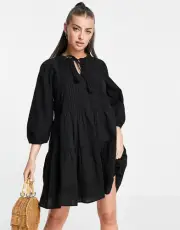Vera Moda Organic Cotton Mini Tie Neck Smock Dress Black Size Small 10237985