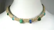Handmade Flat Hemp Choker Necklace with Green and Blue Glass Beads