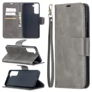 For Samsung Galaxy S21+ Plus Case Lambskin Texture Folio PU Leather Wallet Cover, Kickstand, Lanyard, Grey