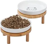 Lusifaco Shallow Elevated Cat Bowls,5.9 Inch Wide Raised Ceramic Cat Dishes with Bamboo Stand, Whisker Friendly Pet Water or Food Plates Feeding Station for Indoor Cats, Kitten(White,Set of 2)
