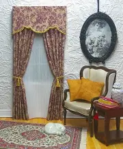 Burgundy Jacobean "Stylish" Dollhouse Curtains with sheer -1:12 scale*