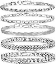 [QQUQQU] 5Pcs Stainless Steel Bracelets for Men Sturdy Mens Chain Bracelet Carb Width Mens Silver Bracelet Exquisite Cuban Link Bracelet for Men Father Boyfriend 6.5/7.5/8.3/9inch