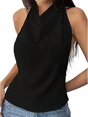 [Best Rose] Black Halter Top Backless Cut Out Lace Up Pullover Slim Fit Sleeveless Casual Sexy Party Clubwear Top