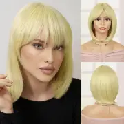 Short Blonde Wigs for Women Straight Bob Wig with Bangs Synthetic Hair Wig for C