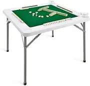 Folding Mahjong Game Table, 88cm Foldable Mahjong Table Plastic and Metal Folding Square Table with Green Playing Surface and 4 Cup Holders for Mahjong Poker Domino Adults Games