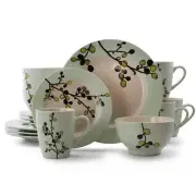 Elama 16 Pc Retro Bloom Round Stoneware Green Olive Pattern Dinnerware Set for 4