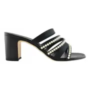 Chanel 20P Black White Pearl Strap CC Logo Slide Slip Sandal Mule Block Heel 41