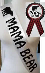 Mama Bear Baby Shower Sash for Mommy & Pin for Papa bear Lumberjack Woodland