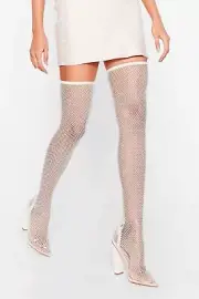 Break The Ice Thigh Boots by Nasty Gal, White fishnet diamante 5" boots, SZ 6
