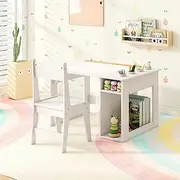 HONEY JOY Kid’s Art Table & Chair Set, Toddler Craft Wooden Drawing Desk with Paper Roll, 4 Paint Cups & 2 Storage Shelves, Children Activity Center Play Table for Daycare Preschool Play Room, White