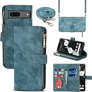 Cavor for Google Pixel 7a Case 6.1 inch PU Leather Folio Flip Wallet Back Cover Magnetic Case with Long Shoulder Lanyard Zipper Coin Purse 9 Card Holder Kickstand Wristlet Strap-Blue