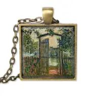 Claude Monet's Garden Gate Art - Handmade SQUARE Glass Pendant Necklaces