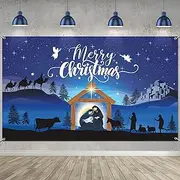 Merry Christmas Nativity Scene Banner - Large Blue Backdrop for Christmas Party Photography Booth - 72.8 x 43.3 Inch