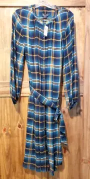 Pendleton Blue Plaid Peasant Dress Womens Size L Wool Blend Button Front Belted