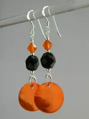 Metallic Orange MoP Shell Discs, French Jet, Crystal & Sterling Silver Earrings
