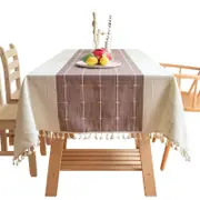Catzon Embroidery Tassel Tablecloth Cotton Linen Dust-Proof Table Cover for Party Home Tabletop Decoration-Purple