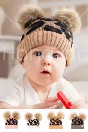 C.C Exclusive Baby Infant Winter Warm Leopard Beanie Hat with Double Pom Pom