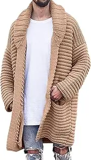 [Generic] Men's Shawl Collar Open Front Long Cardigan Shawl Collar Cardigan Sweater with Pocket Men Open Front Knit Long Sweater