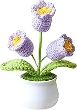 Crochet Flowers Artificial,Small Potted Knitted Orchid of The Bell Flowers for Car Dashboard, Cute Car Crochet Center Console Decoration,Handmade Traditional Home Decoratio(Purple)