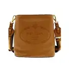 Prada Vitello Phenix Bucket Crossbody Bag Caramel Brown Web Stripe Strap New