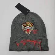 Ed Hardy Tiger Knit Unisex Beanie Hat Cap Gray New