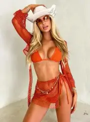2 Pc. Ginger Orange Tulum Mesh Net Tie Front Top & Skirt Beach Cover-Up Set