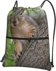 EdWal Squirrel In The Tree Print Drawstring Backpack Gym Bags Sports Bags With Zipper Pocket For Travel Beach, Black, One Size
