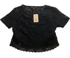 NWT FOREVER 21 Womens Large Black Lace Stretchy Spandex Cropped Top Short Sleeve