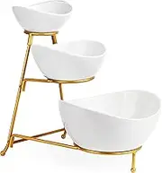 LAUCHUH 3 Tier Oval Serving Bowls with Stand Porcelain Tied Serving Tray Food Display Set Chip and Dip Serving Dishes for Entertaining Fruit Bowl for Mother's Day Thanksgiving Christmas Party, Gold