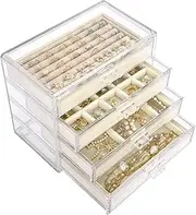 Mebbay Acrylic Jewelry Organizer, Clear Jewelry Box with 4 Drawers, Velvet Rings Earring Necklace Bracelet Display and Storage Case for Women, Beige