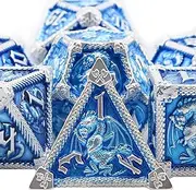AUSTOR 7-Die Metal DND Dice Set Dungeons Dragons Dice Box Roll Playing Game Dice Polyhedral Dice D20 D12 D10 D% D8 D6 D4 Metal Dice for Pathfinder Warhammer MTG RPG Board Games Sky Blue/Silver Edge