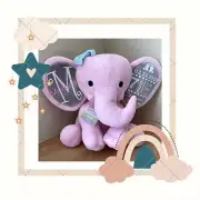 Personalized Baby newborn birth stats announcement, plush elephant stuffed.