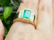 2.40CT Emerald Cut Simulated Green Emerald 925 Silver Gold Plated Men's Ring