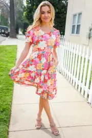 Haptics Remember Me Red & Coral Floral Print V Neck Tiered Dress