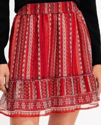 Loft Mini Skirt Women's Size L Striped Tiered Shimmery Red Boho Paisley Flowy