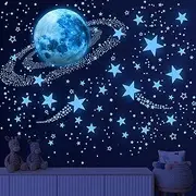 Gretion 1108 Pcs Classic Glow in The Dark Stars & Moon Wall Decals, Vinyl, Blue, Star & Dot Pattern, Indoor, Kids Boys Bedroom Living Room Decor