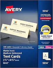 Avery Medium Embossed Ivory Tent Cards, Laser/Inkjet Printers, 2-1/2"x8-1/2, Pack of 100 (5914)