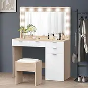ALFORDSON Dressing Makeup Table & Stool Set, Vanity Desk with Mirror 12 LED Light Bulbs in Adjustable 3-Colour, Jewellery Dresser Organiser with Drawers for Bedroom Dressing Room, Wood White