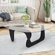Mid Century Triangle End Table with Wooden Base & Clear Glass Top Open Space Minimalist Center Table for Living Room Office Small Spaces Cocktail Table (Black 91 * 65 * 40cm)