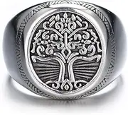 [GTHIC] Stainless Steel Tree of Life Viking Signet Ring for Men and Women Silver Gold Tone Vintage World Tree Yggdrasil Amulet Ring Round Unisex Viking Jewellery US Size 6-14