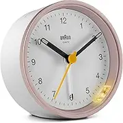 Braun Classic Analogue Alarm Clock with Snooze and Light, Quiet Quartz Movement, Crescendo Beep Alarm in White and Rose, Model BC12PW.