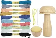 Wooden Mushroom Darning Tools Mushroom Sewing Needles Mushroom Darning Needles with Yarn and Elastic Strap Repair Tool for Socks, Sweaters, Trousers