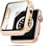 top4cus 41mm Case Compatible with Apple Watch, with Built-in Tempered Glass Screen Protector, PC Cover for iWatch Series 9/8/7/SE 2rd SE 6 5 4/3 2 for Choice (41mm, Pink + Gold edge)