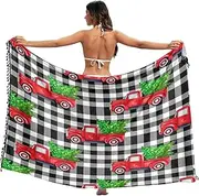 [RPLIFE] Vintage Red Trucks Green Christmas Trees Black Sarong Cover Up, Tassel Skirt Cover up for Summer Pool/beach, Large, Vintage Red Trucks Green Christmas Trees Black, Medium