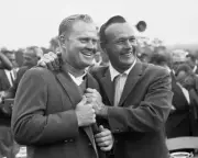 8x10 B&W photo of PGA legends Jack Nicklaus and Arnold Palmer.
